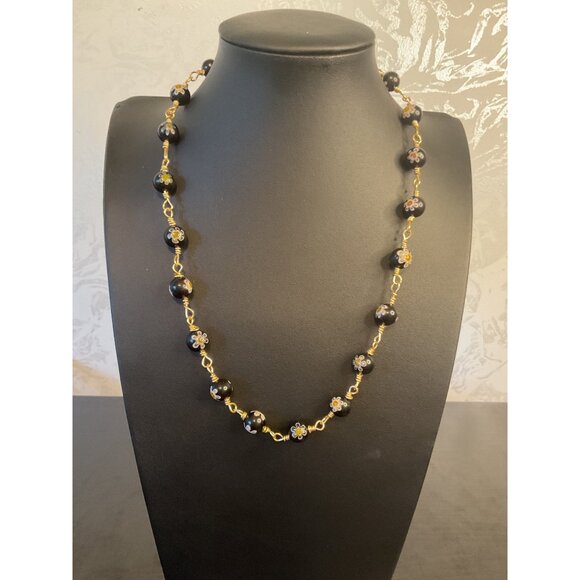 Black & Gold Beaded Necklace With Floral Accents - Picture 1 of 4
